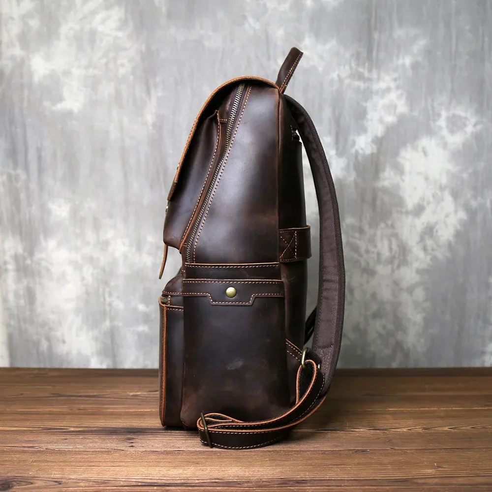 sac à dos rétro en cuir crazy horse durable pour homme, cuir de première qualité, grande capacité, boucle à fermeture éclair, sac d'ordinateur pour voyage en plein air