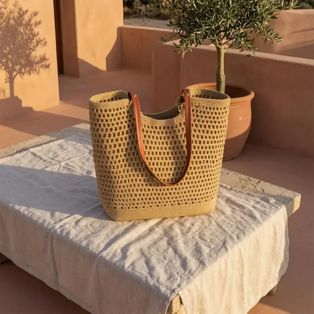 sac à main de couleur unie, sac fourre-tout de grande capacité, sac à main léger en tricot, sac fourre-tout de plage d'été pour femmes, pour les vacances et un usage quotidien