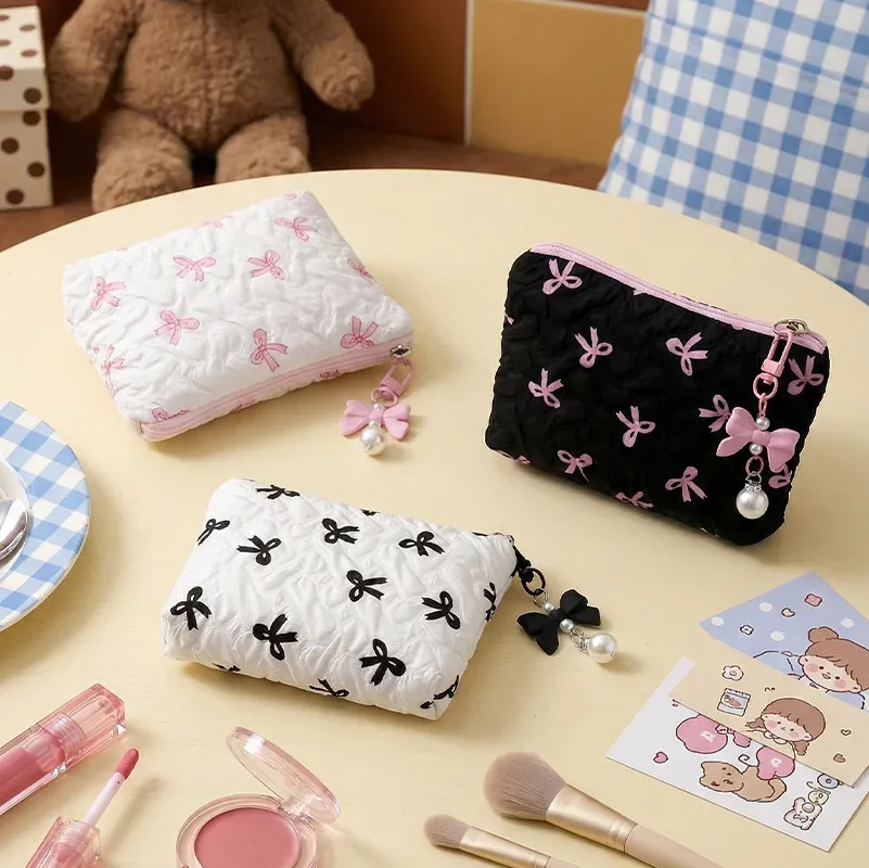 nouvelle trousse de maquillage élégante à nœud, grande capacité, pochette de maquillage à main, trousse de toilette portable pour femmes, organisateur de rangement pour rouges à lèvres