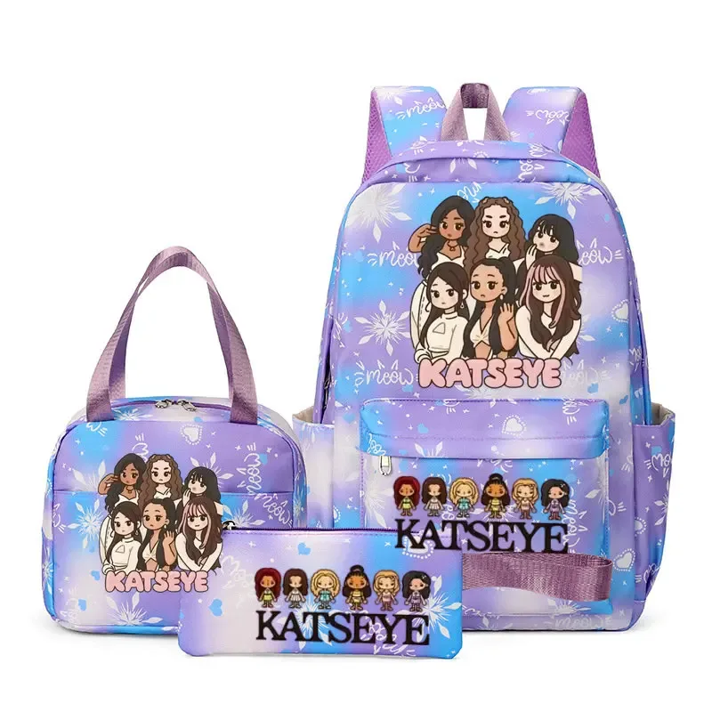 sacs à dos katseye à imprimé amusant, ensemble de 3 pièces, sacs d'école en nylon pour ordinateur portable pour femmes, pour adolescentes, garçons, étudiants, enfants, kawaii