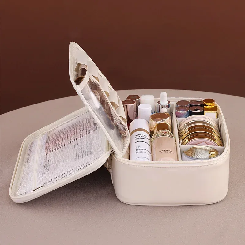 sac de maquillage fourre-tout de luxe en pu pour femmes, grande capacité, organisateur de voyage portable, sac de rangement de cosmétiques, pochette double couche pour dames