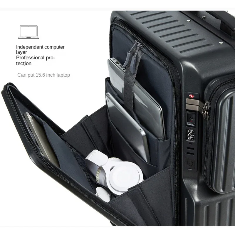 20 pouces multifonctionnel ouverture avant bagages ordinateur portable valise de voyage boîte d'embarquement boîtier de chariot pc mot de passe boîte bagage à main