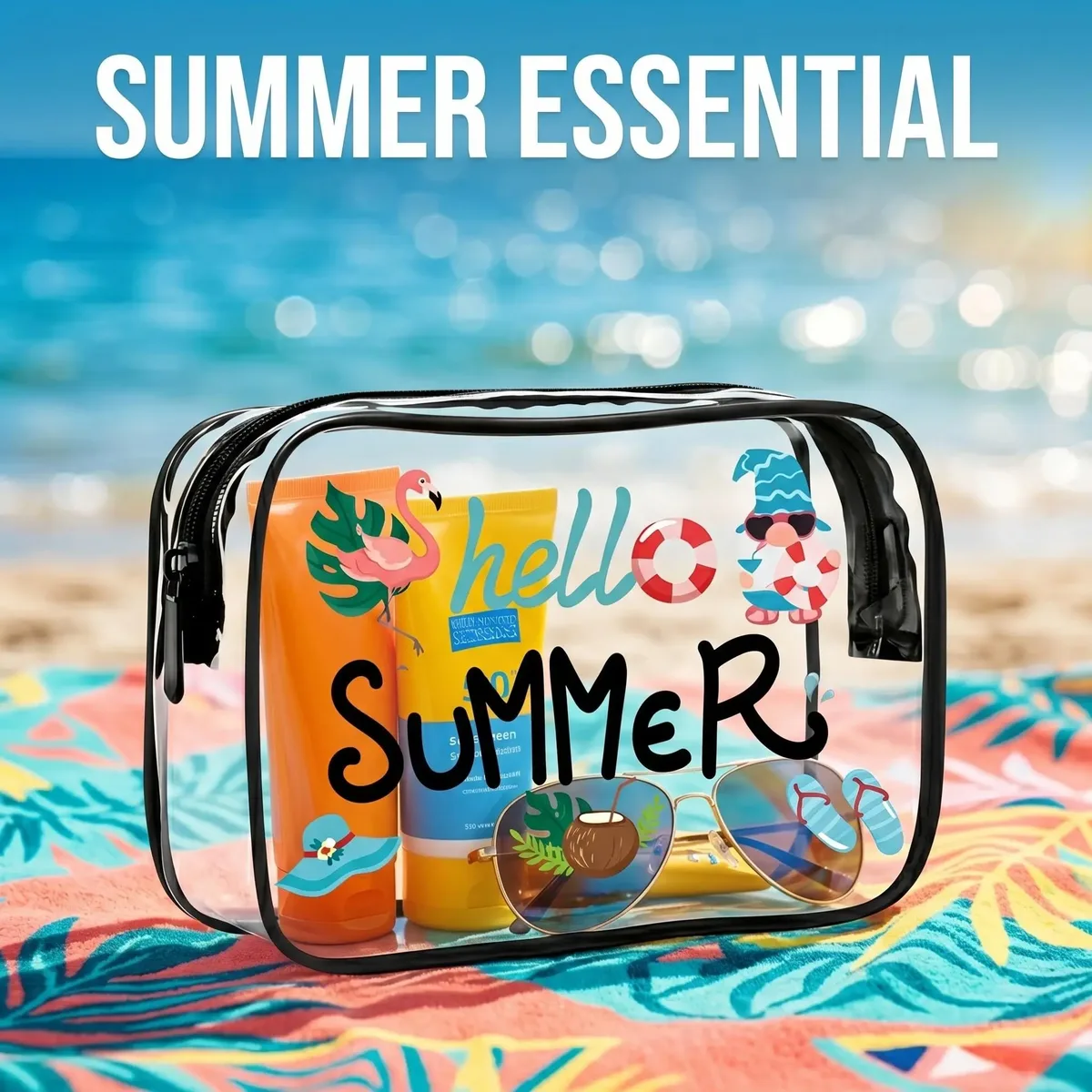 1 pièce Sac de plage transparent, trousse de maquillage pour vacances d'été, organiseur de toilette de voyage étanche, trousse de survie de plage en PVC transparent, sac de rangement