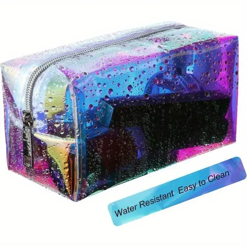 1 pièce trousse de maquillage et de toilette transparente holographique irisée à paillettes avec fermeture éclair, pochette de voyage pour sac à main, couches et plage