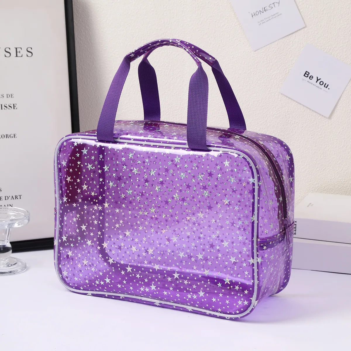 trousse de maquillage transparente grandes étoiles, avec sangle portable, trousse de toilette étanche en pvc, sac organisé pour cosmétiques, sac de voyage transparent