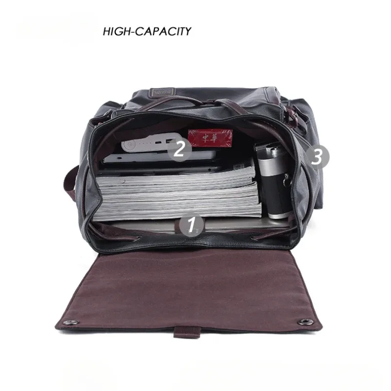 sac à dos à cordon de serrage pour hommes, sac à dos de voyage en cuir pu souple, sac pour ordinateur portable de 14 pouces, sac d'école décontracté, mochila rucksacks