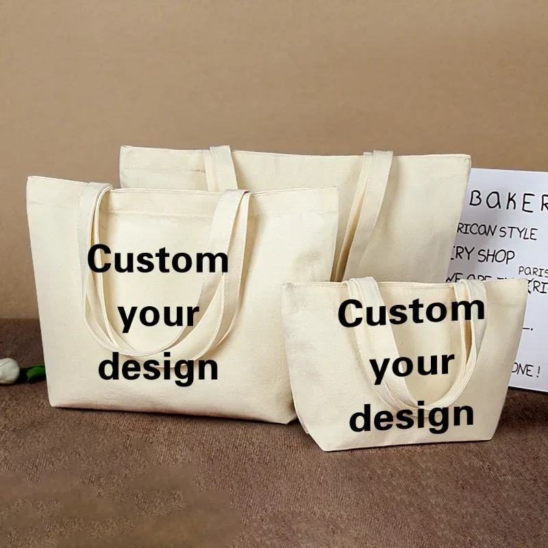 20/50/100 pièces en vrac en gros personnalisé toile sac fourre-tout Logo Image épaule coton lettre femmes Shopping sacs à bandoulière