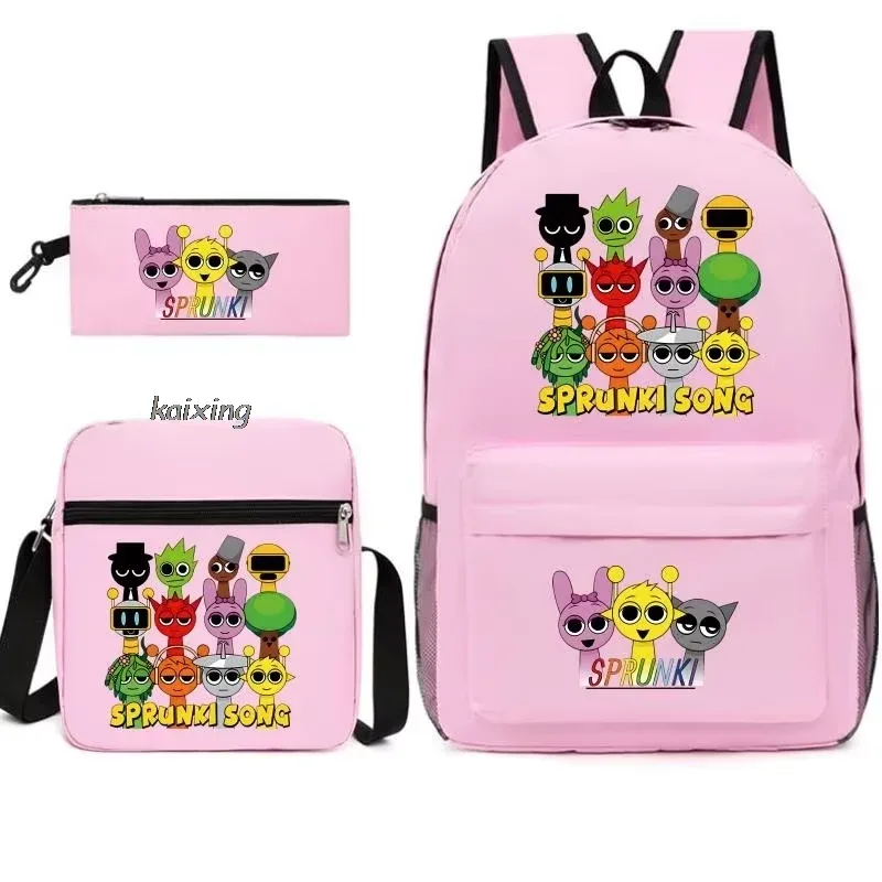 ensemble de 3 sacs à dos sprunki à imprimé anime, avec sac fourre-tout et pochette, grande capacité, léger et respirant, sac à dos décontracté tendance