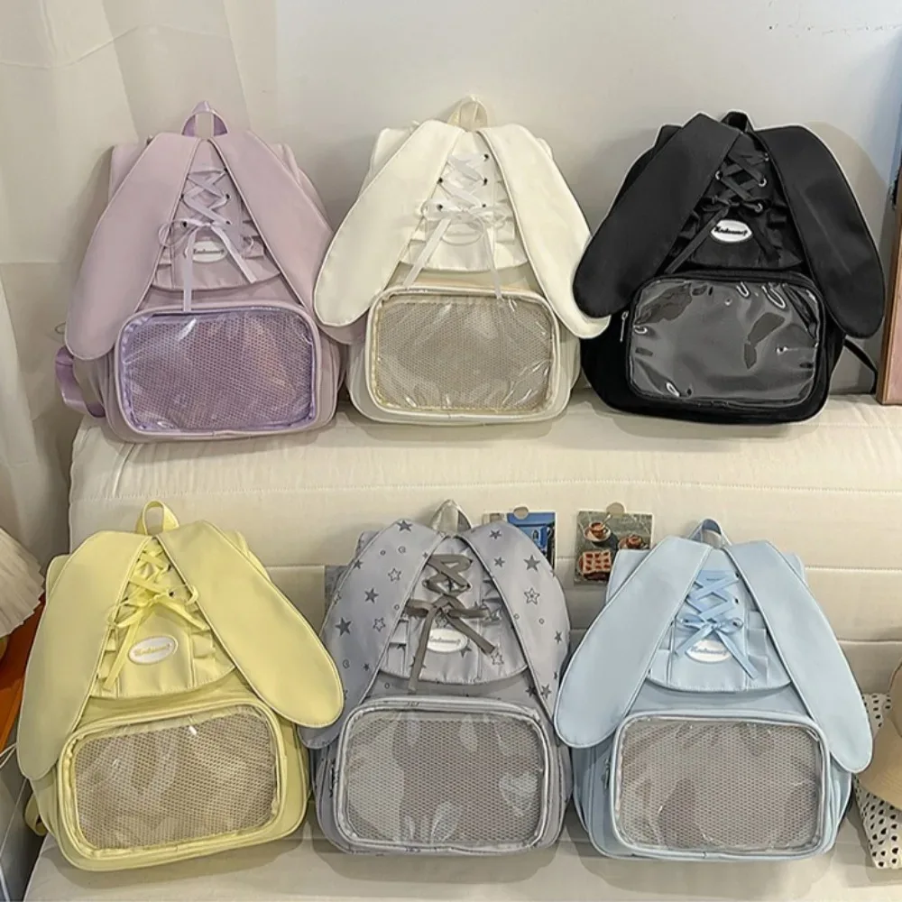 Sac à dos transparent pour femmes et adolescentes, style Ita Bag avec oreilles de lapin et nœud, mignon