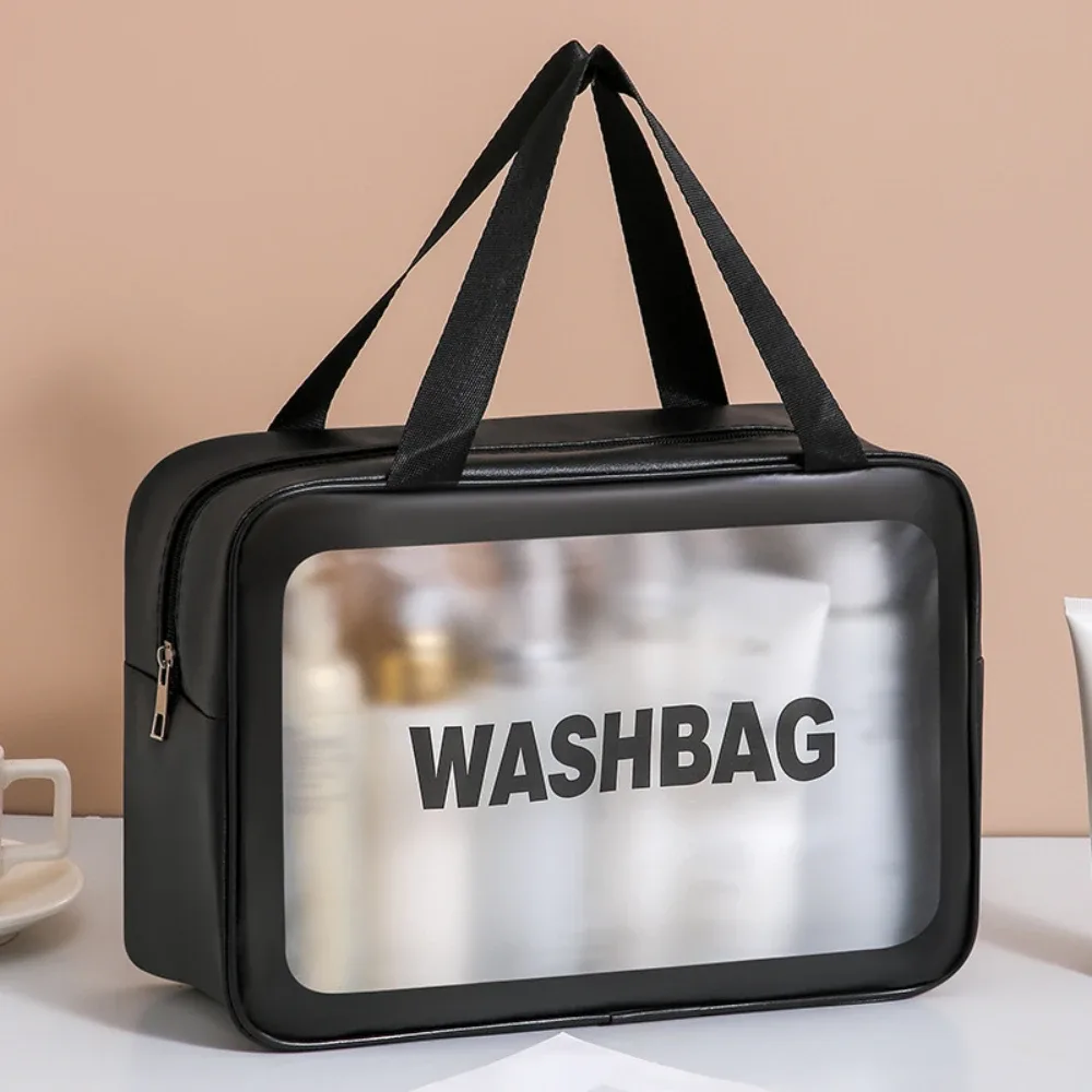 trousse de toilette de voyage portable en pu transparent pour hommes et femmes, sac de maquillage imperméable avec fermeture éclair et poignée pour l'aéroport et la salle de bain