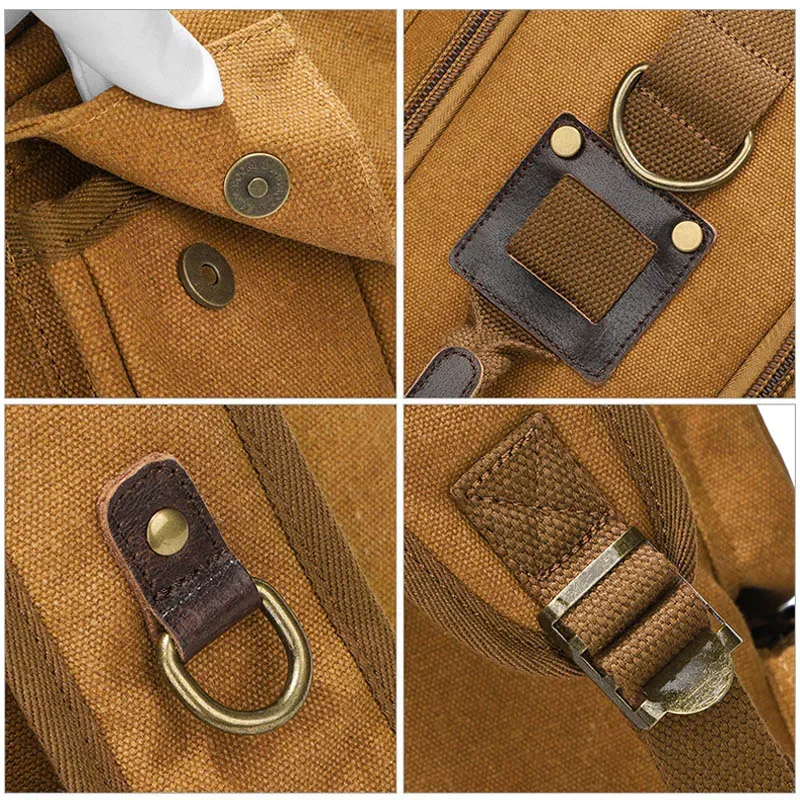 sac à dos en toile décontracté avec accents en cuir, plusieurs poches zippées et anneaux métalliques, sac à dos de voyage rétro de grande capacité pour hommes