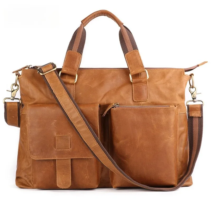 porte-documents d'affaires en cuir véritable pour hommes, sac pour ordinateur portable de 17 pouces, épaule horizontale, couche supérieure en peau de vache