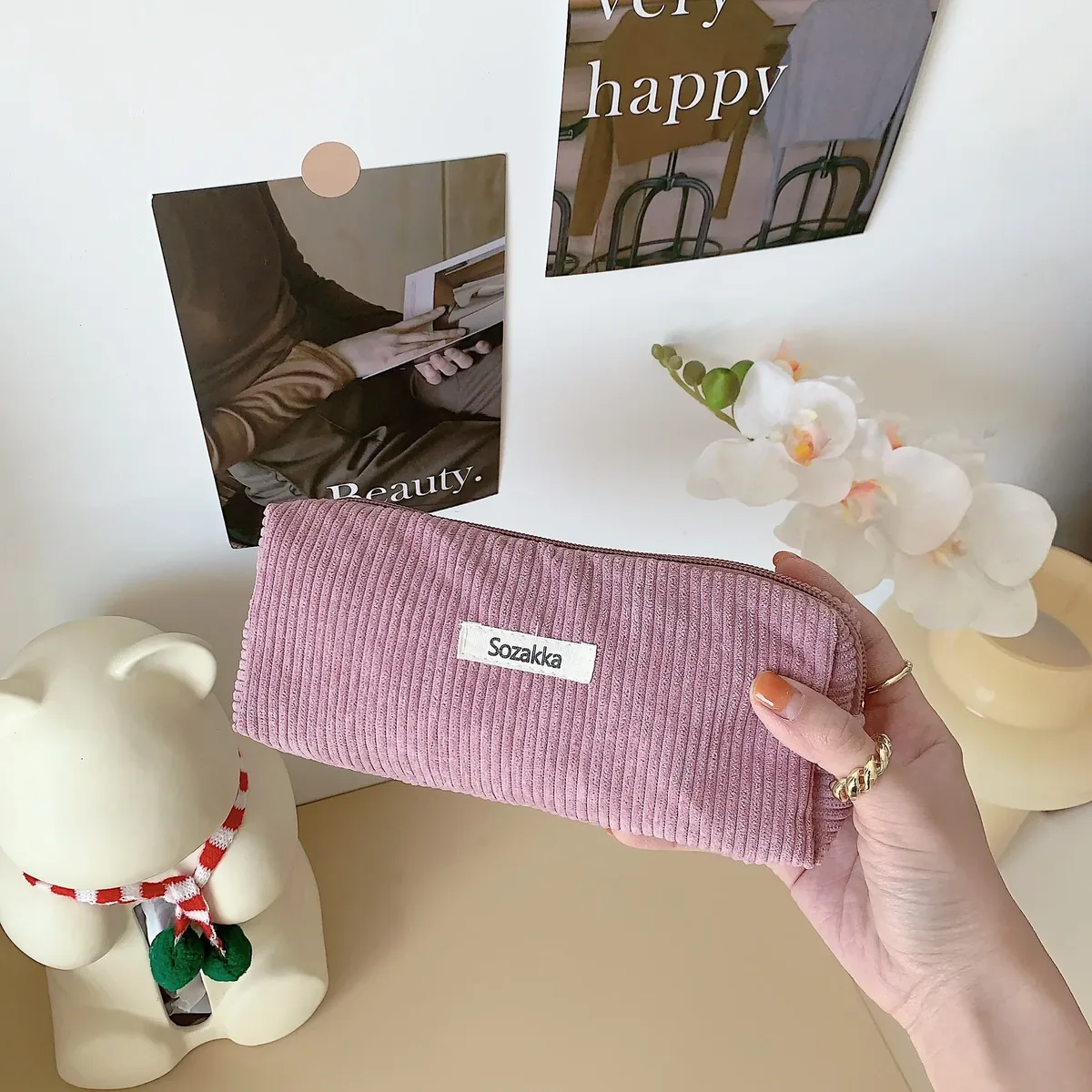 sac à cosmétiques en velours côtelé coréen, petite pochette de maquillage, trousse de toilette de voyage portable pour femmes, nécessaire de rangement, étui à crayons mignon pour étudiant