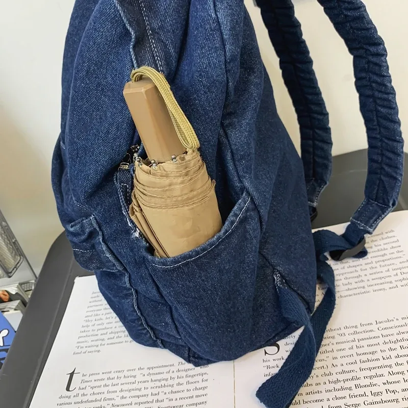 sacs à dos en toile décontractés unisexes, sacs d'école en coton, cartables en denim de grande capacité, forfaits de voyage doux pour gril, noir uni, 100%