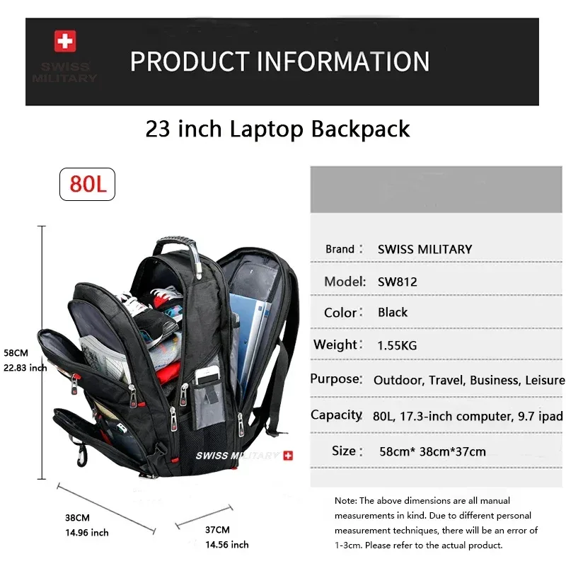swiss militaire mode voyage multifonction grande capacité mâle sac usb charge étanche 23 pouces sac à dos pour ordinateur portable hommes mochila