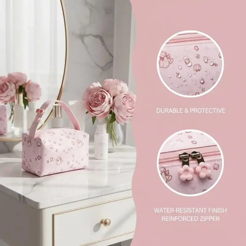sacs de maquillage pour chatons avec poignée, sac de rangement cosmétique souple de voyage, trousse à crayons portable à imprimé mignon, pochette de toilette, cadeau