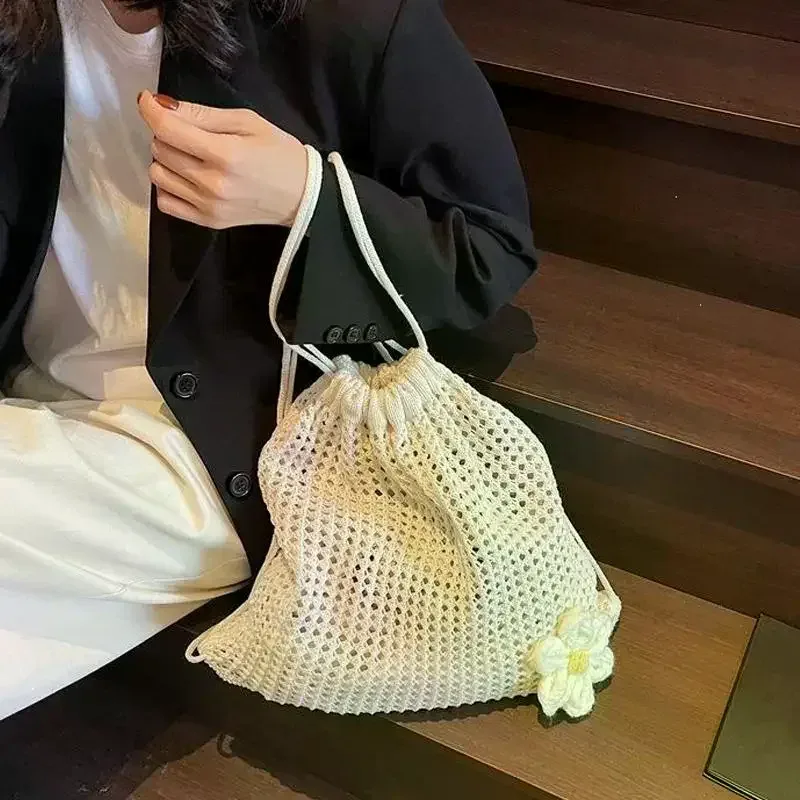 sac à bandoulière en tricot couleur unie grande capacité, sac à dos bohème en crochet ajouré, sac fourre-tout de plage et de voyage pour femme