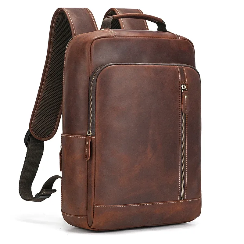 sac à dos en cuir crazy horse pour hommes, sac à dos de jour en cuir de vache pour ordinateur portable 15.6 pouces, sac à dos de voyage de grande capacité avec câble usb