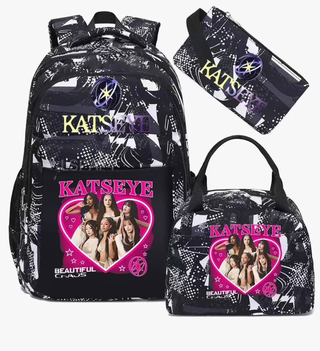 sacs d'école imprimés fashion katseye, ensemble de 3 pièces, sac à dos pour l'école primaire, garçons et filles, sac à dos de sport avec sac à lunch et trousse à crayons