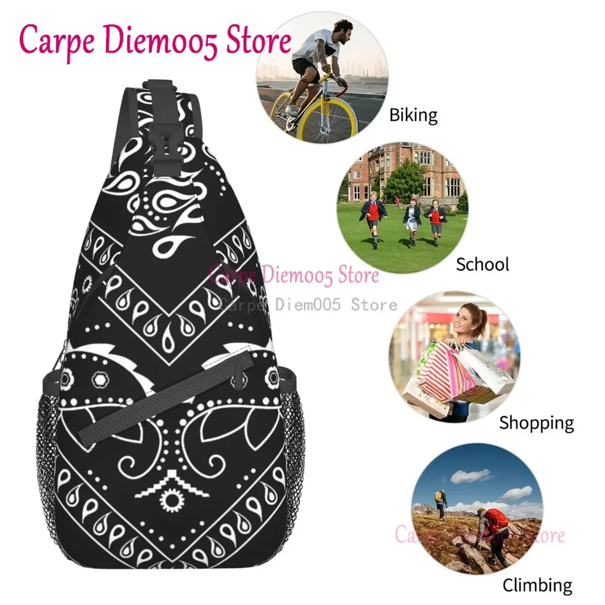sac à dos bandana paisley chicano noir et blanc pour hommes, sac à bandoulière pour la randonnée