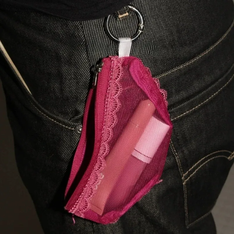 pochette de rangement transparente en maille tendance avec bordure en dentelle, pour cosmétiques, maquillage, bijoux et écouteurs, décorative avec fermeture éclair