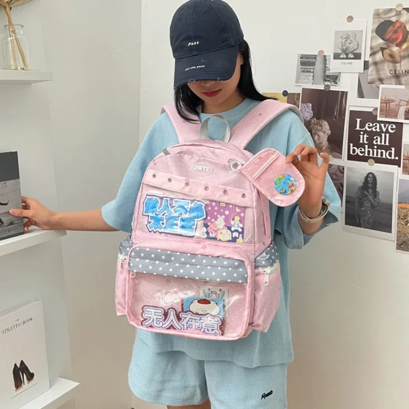 sac à dos tendance avec fenêtre transparente, grande capacité, sac d'école à pois pour adolescentes et étudiantes, sac à livres léger