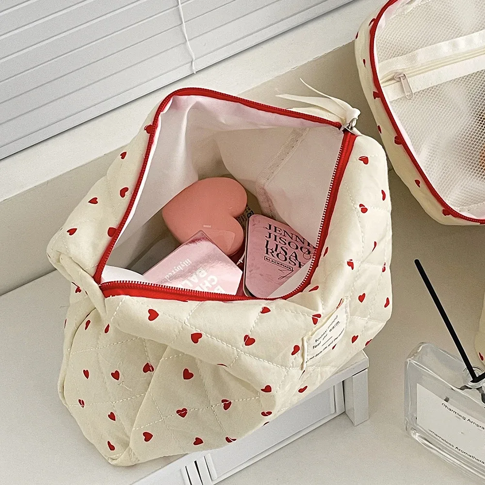 mode ins coeur femmes quilting sac de maquillage grande capacité toilette cosmétique pochette de rangement sac à main dames fermeture éclair sac de maquillage