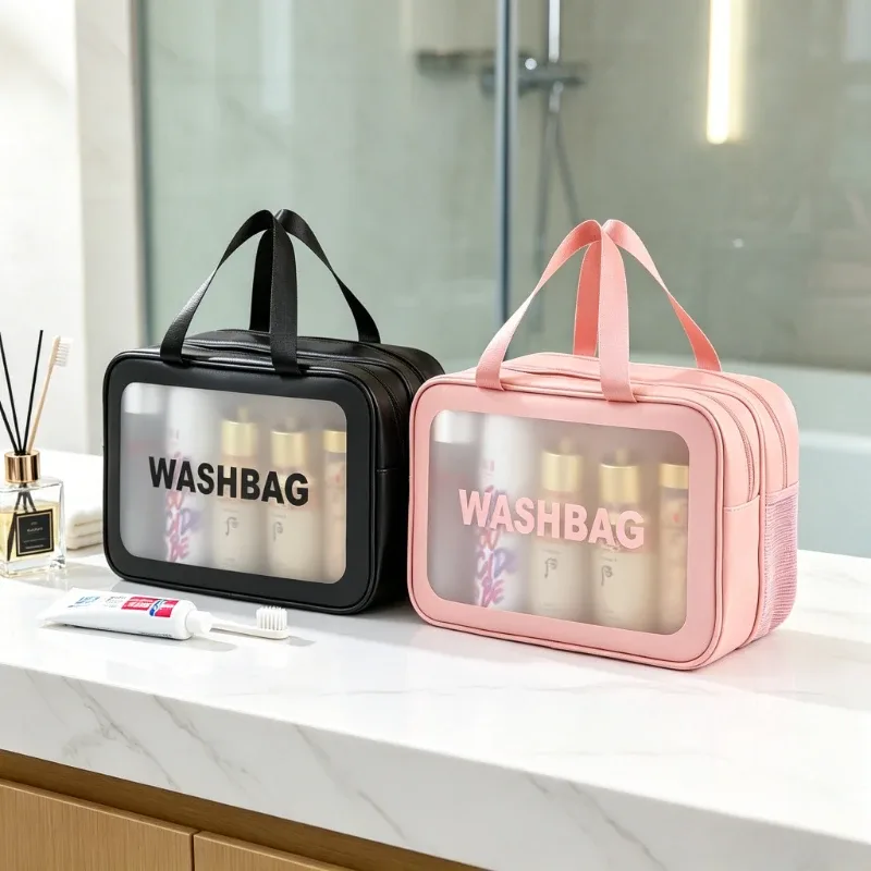 trousse de toilette grande capacité imperméable en pu givré double couche séparation humide/sèche pour voyage, rangement cosmétique et organisateur quotidien