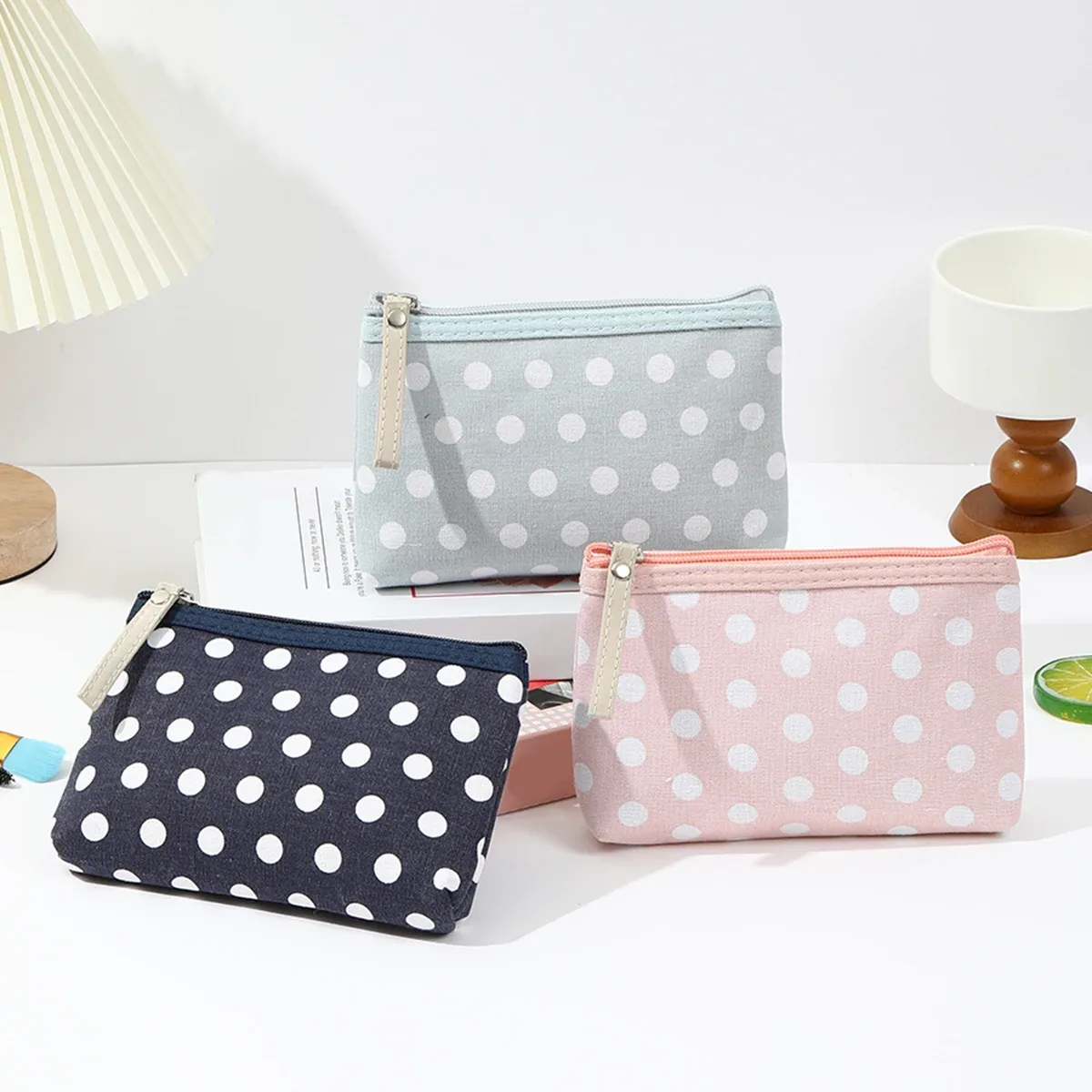 petite trousse de maquillage en toile à pois, simple et portable, sac de rangement pour soins de la peau, version coréenne, trousse à crayons pour étudiants, portefeuille