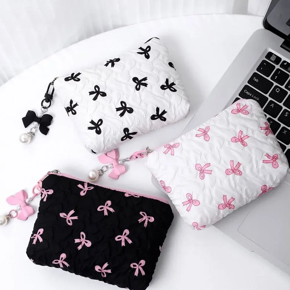 mini trousse de maquillage bow pour femme, sac de toilette de voyage, jolie pochette à monnaie, étui léger pour rouge à lèvres, sac de rangement gaufré