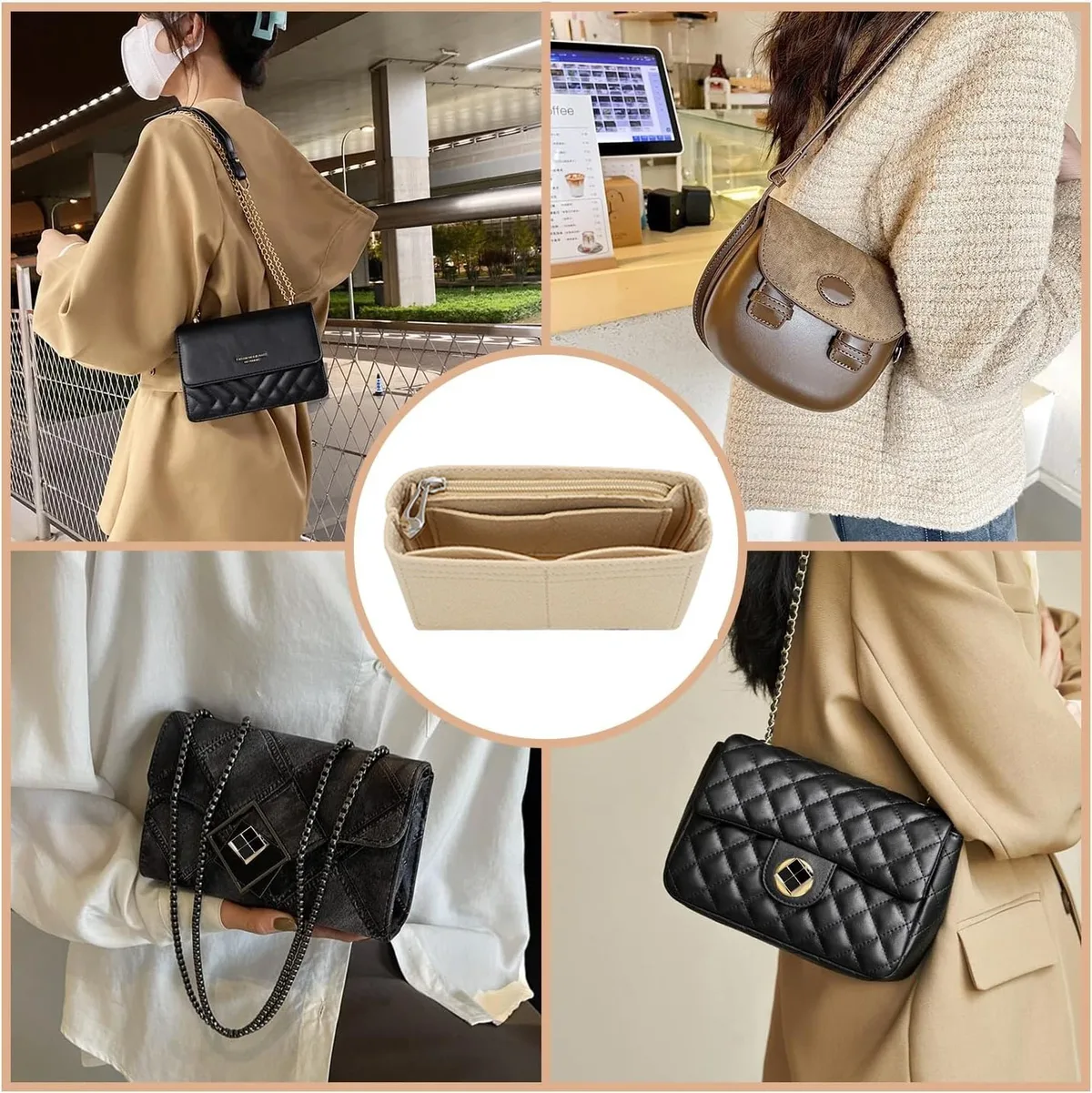 organisateur de sac pour petit sac fourre-tout, insert de rangement et de finition pour sacs à main, compatible avec les mini-sacs