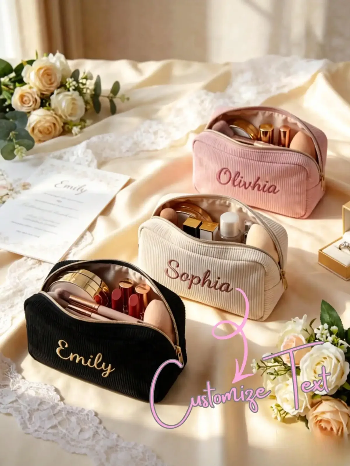 Pochette de maquillage personnalisée en velours côtelé, avec nom personnalisé, grande capacité, trousse de toilette de voyage, cadeau pour demoiselle d'honneur, organiseur de rangement