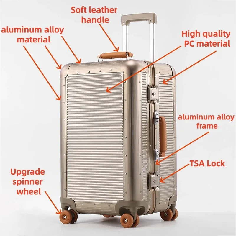nouvelle valise 2026 avec cadre en aluminium, serrure tsa, sac de voyage à roulettes, matériau pc de haute qualité, bagage à roulettes 20/24/28 pouces