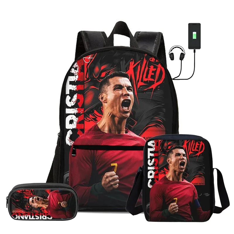 ensemble de 3 sacs à dos avec sac à bandoulière, trousse scolaire pour enfant, sac à dos ronaldo avec interface usb, sac à dos pour enfants