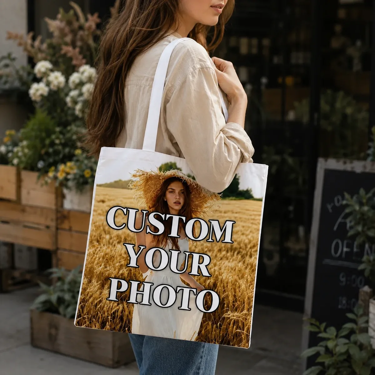 sac fourre-tout personnalisé en toile avec photo, imprimez votre propre image, grande capacité, sac à bandoulière réutilisable, sac de shopping personnalisé 