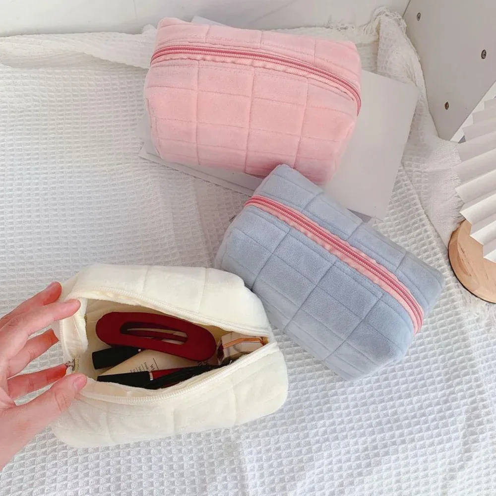 pointrousse de maquillage en peluche pour femmes, petits sacs cosmétiques de voyage portables, trousse de toilette à fermeture éclair pour documents solides, sacs de rangement pour poudres lavantes
