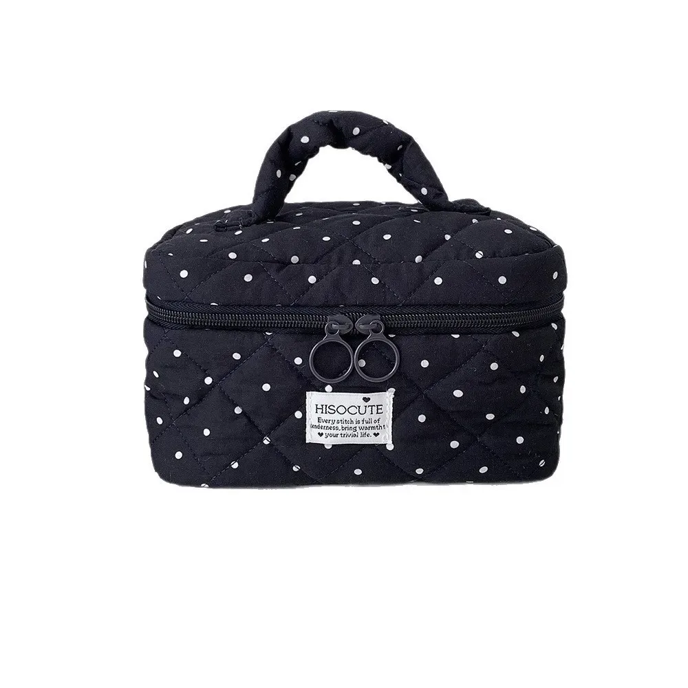 sac de maquillage matelassé à motif à pois kawaii avec poignée, grande capacité, organisateur de toilette de voyage, sac de rangement polyvalent pour femmes