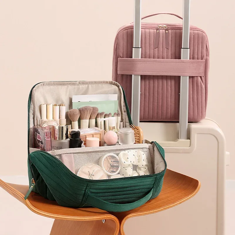 trousse de maquillage verticale, grande capacité, organisateur de cosmétiques portable, trousse de toilette de voyage avec poignée, étui à cosmétiques portable pour femmes