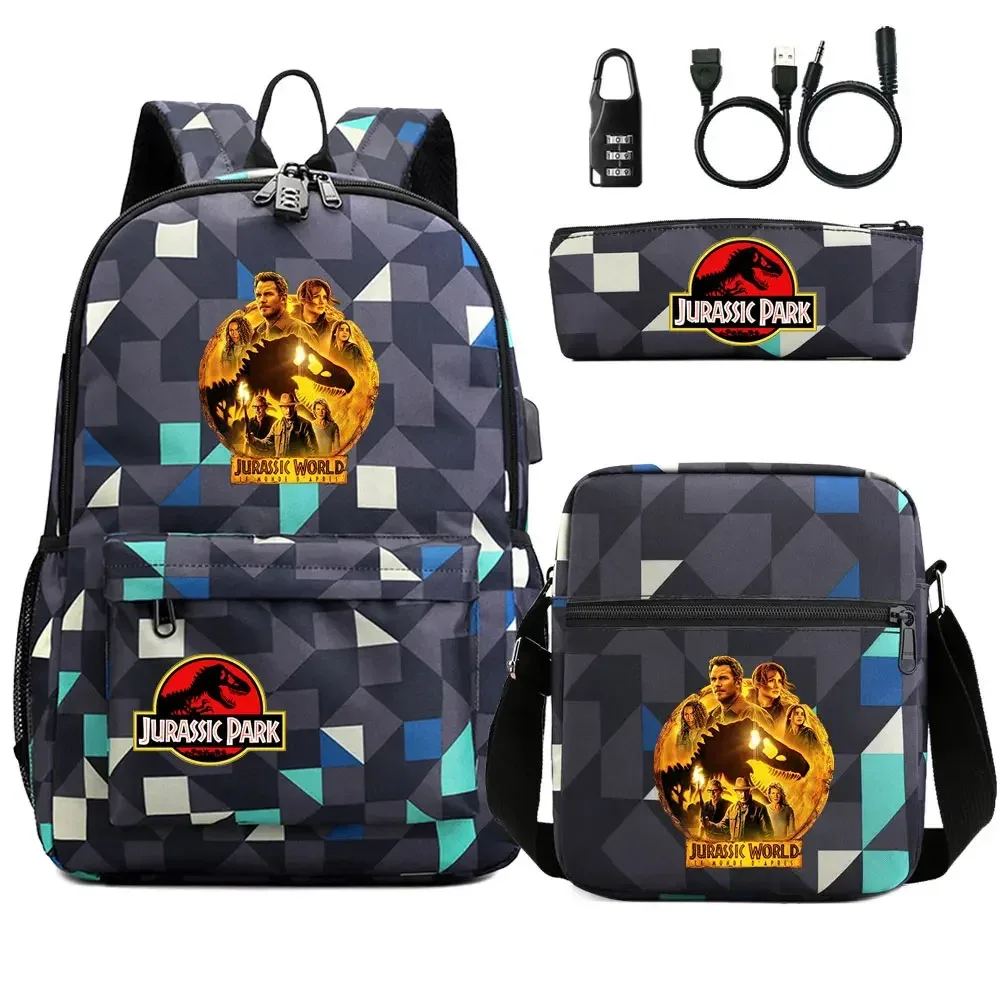 dinosaure jurassic park world 3 pièces usb antivol serrure garçon fille enfants école livre sacs voyage sac à dos sac à bandoulière stylo sac
