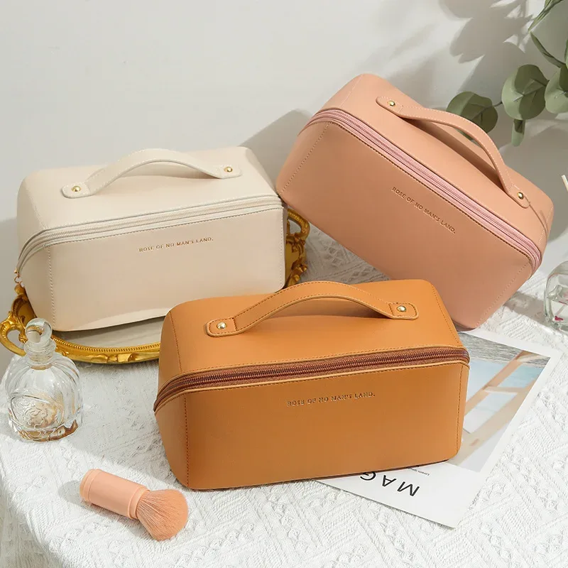 Trousse de maquillage de voyage, sacs de rangement de cosmétiques de grande capacité pour femmes, trousses de toilette imperméables en cuir PU, maquillage plat à large ouverture