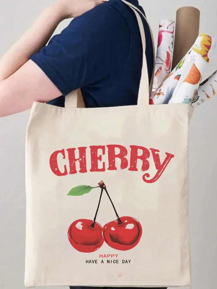 Sac à bandoulière en toile cerise, 1 pièce, pliable et réutilisable, sac à main d'épicerie en tissu, unisexe pour dames, voyage pour femmes