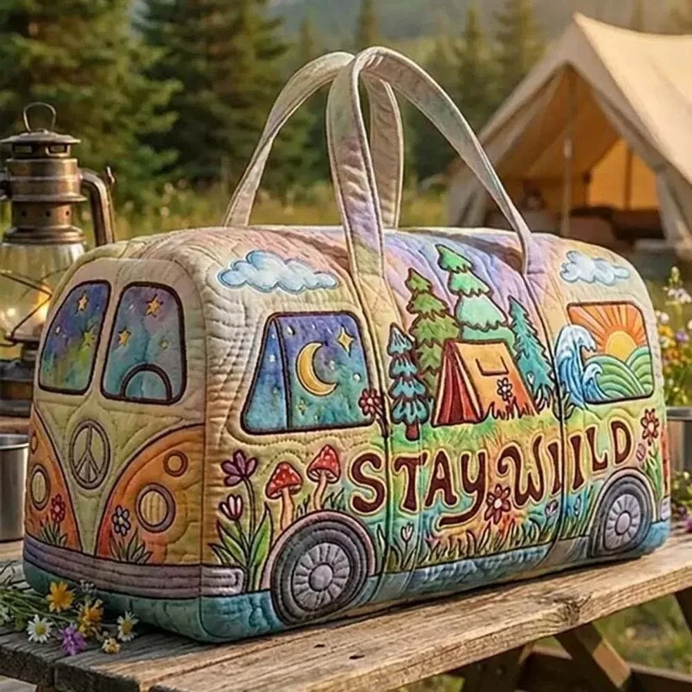 sac de voyage matelassé grande capacité imprimé motif bus, en tissu doux et léger, avec fermeture éclair durable