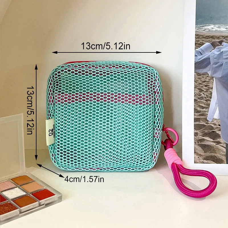 sac cosmétique carré en maille, sac de rangement cosmétique carré portable avec fermeture éclair, sac de rangement multi-usages pour articles divers