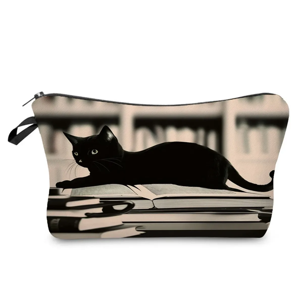 sacs de maquillage college chat noir pour femmes, sacs de rangement portables de voyage, impression d'animaux kawaii décontractés, sacs à cosmétiques double face avec fermeture éclair