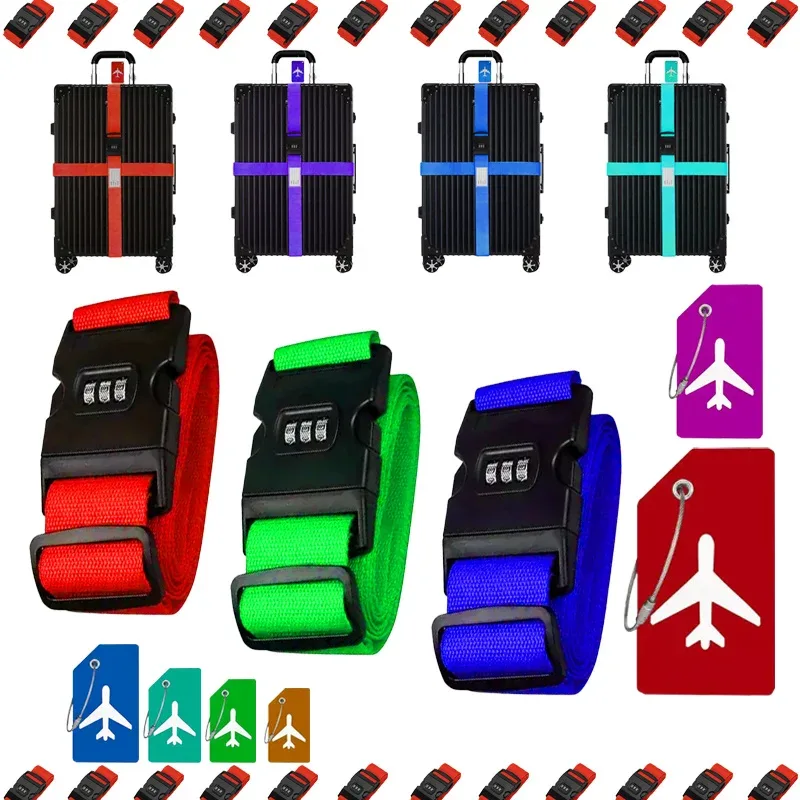 ensemble de 2 sangles de bagages anti-explosion à haute élasticité avec boucle à combinaison à trois chiffres, sangle en nylon résistante à l'usure, étiquette de bagage en silicone anti-perte imprimée avion, adaptées aux valises de 16 à 26 pouces pour le contrôle au port d'entrée de l'aéroport