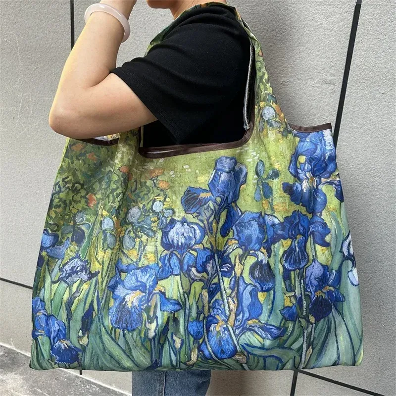 sac de courses pliable imprimé peinture à l'huile, réutilisable, grande capacité, sac fourre-tout écologique, sac de rangement portable et imperméable