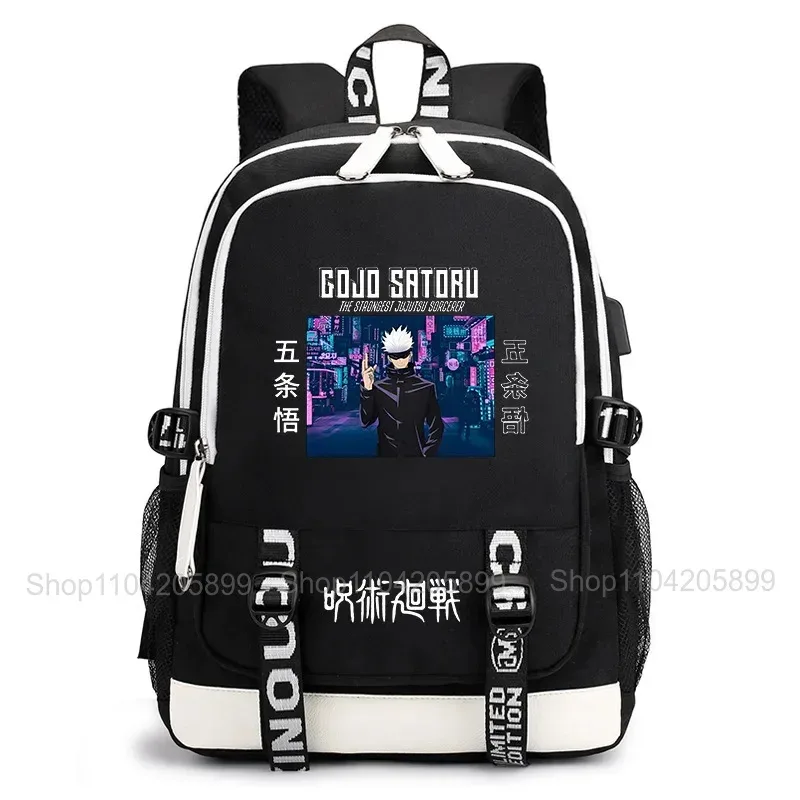 sac à dos jujutsu kaisen, anime satoru gojo itadori yuji, sac d'école pour étudiants, grande capacité, port de chargement usb, sac à dos de voyage