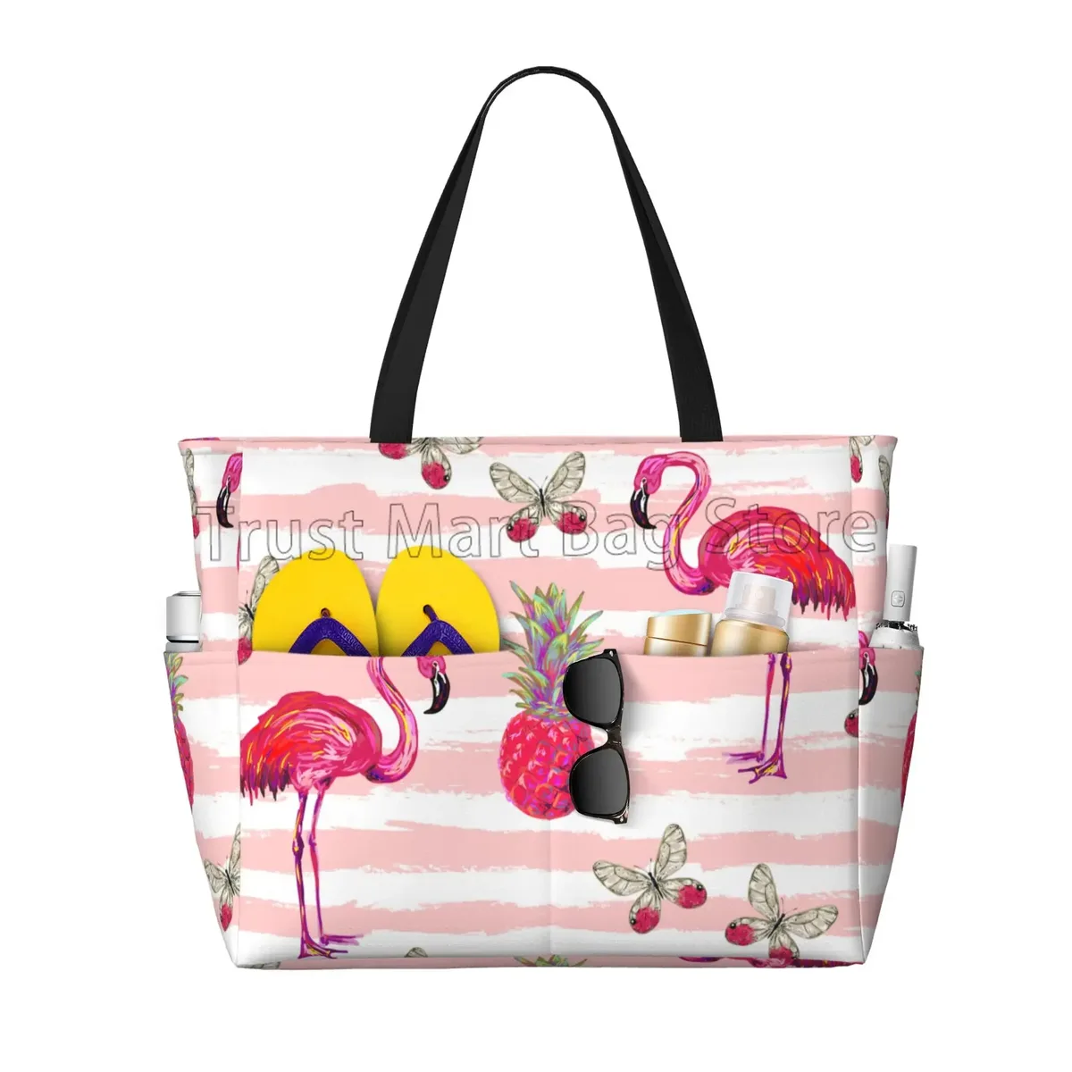 grand sac fourre-tout de plage imprimé flamant rose pour femmes, sac de voyage portable, sac de piscine étanche et résistant au sable pour la natation, la salle de sport, les vacances d'épicerie