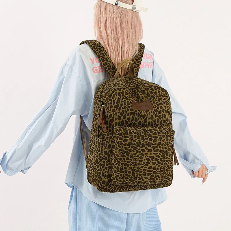 Sac à dos coréen rétro à imprimé léopard, grande capacité, léger, pour voyage, école, mode, décontracté, sac à dos pour ordinateur portable