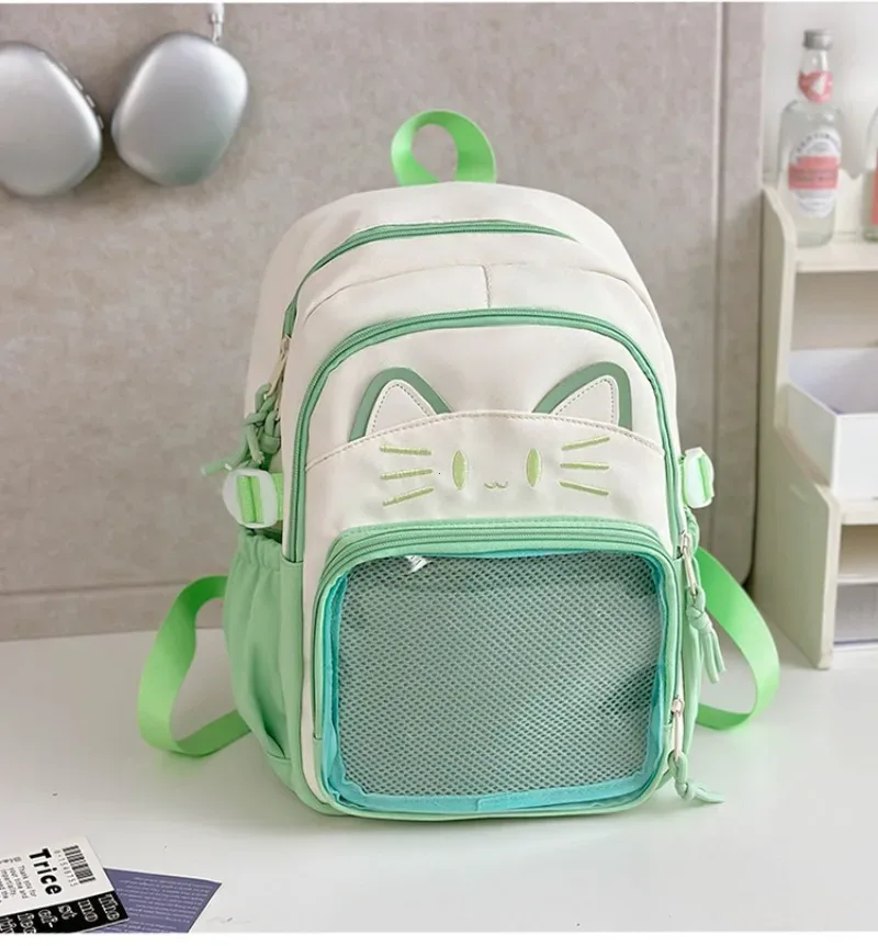 y2k mignon chat ita sacs à dos grande capacité sac à dos décontracté fille transparent bricolage affichage sac à dos dessin animé à la mode voyage cartables